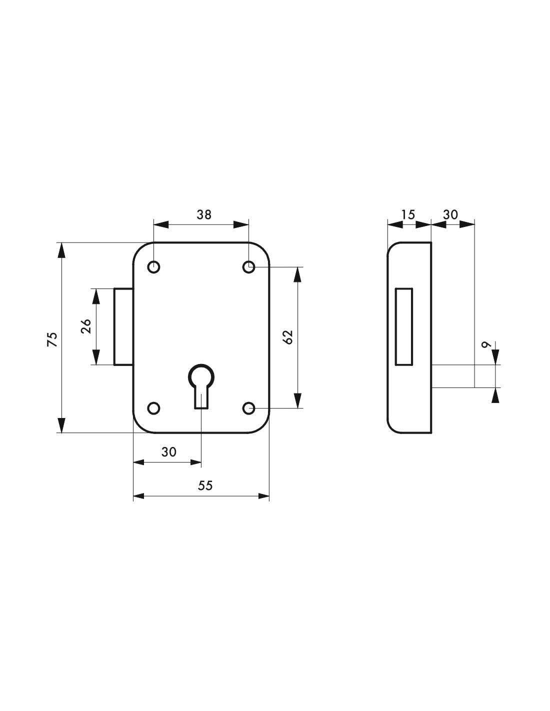 Serrure d'armoire - Axe : 30 mm - Sens : Droite - Largeur : 55 mm - ITAR